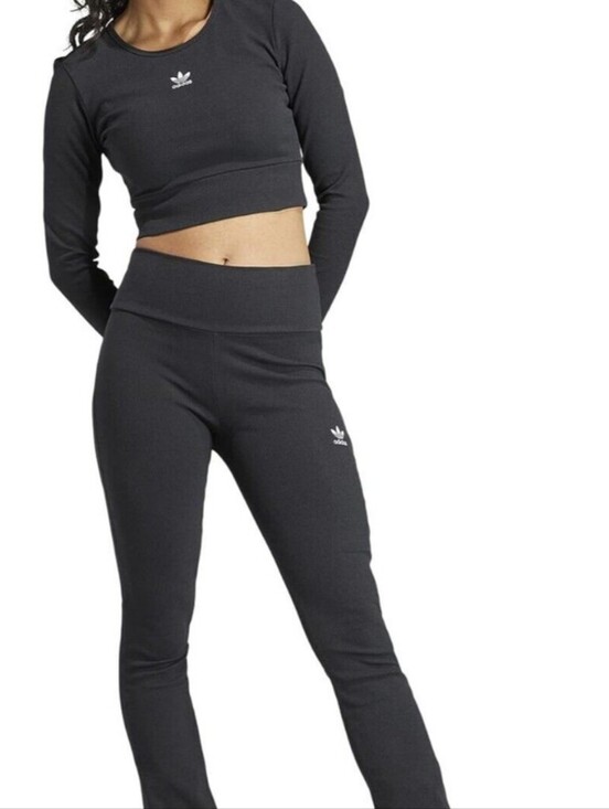 adidas Pants - adidas Black Long Sleeve Crop Top & Black Flare Leggings Set
